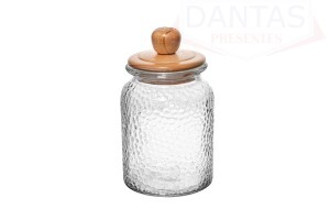POTE DE VIDRO MARTELADO COM TAMPA DE BAMBU 1L