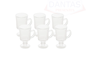CONJUNTO 6 TACAS P/CAPPUCCINO COM ALÇA E PÉ DE VIDRO TRANSPARENTE 114ML